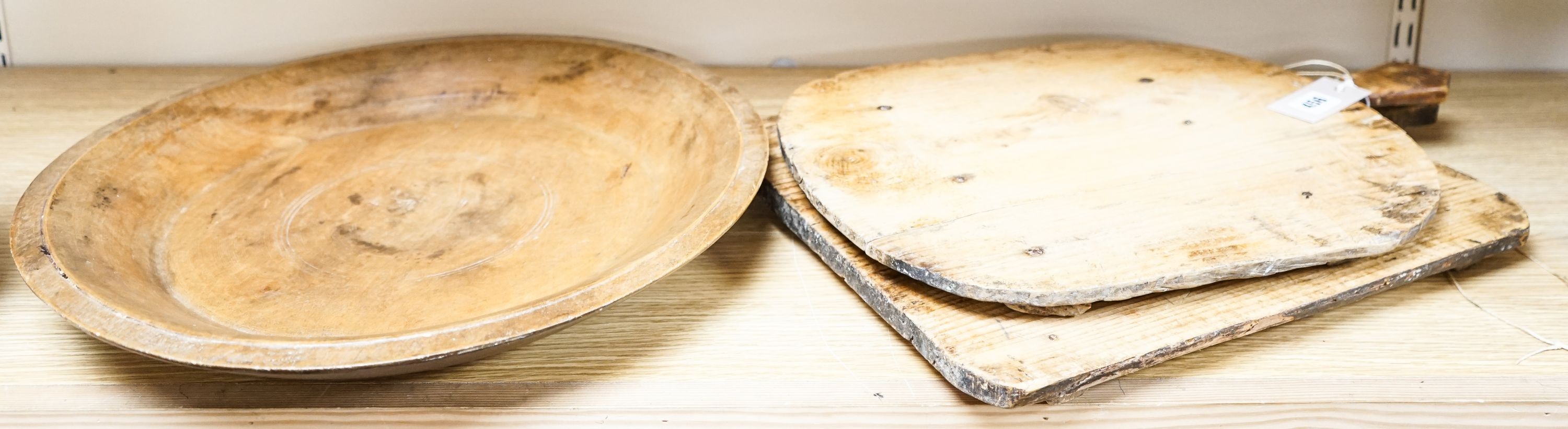 A large sycamore dish and two pine chopping boards 44cm